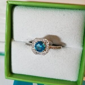 Blue & Rhinestones Silver Tone Ring Size  10